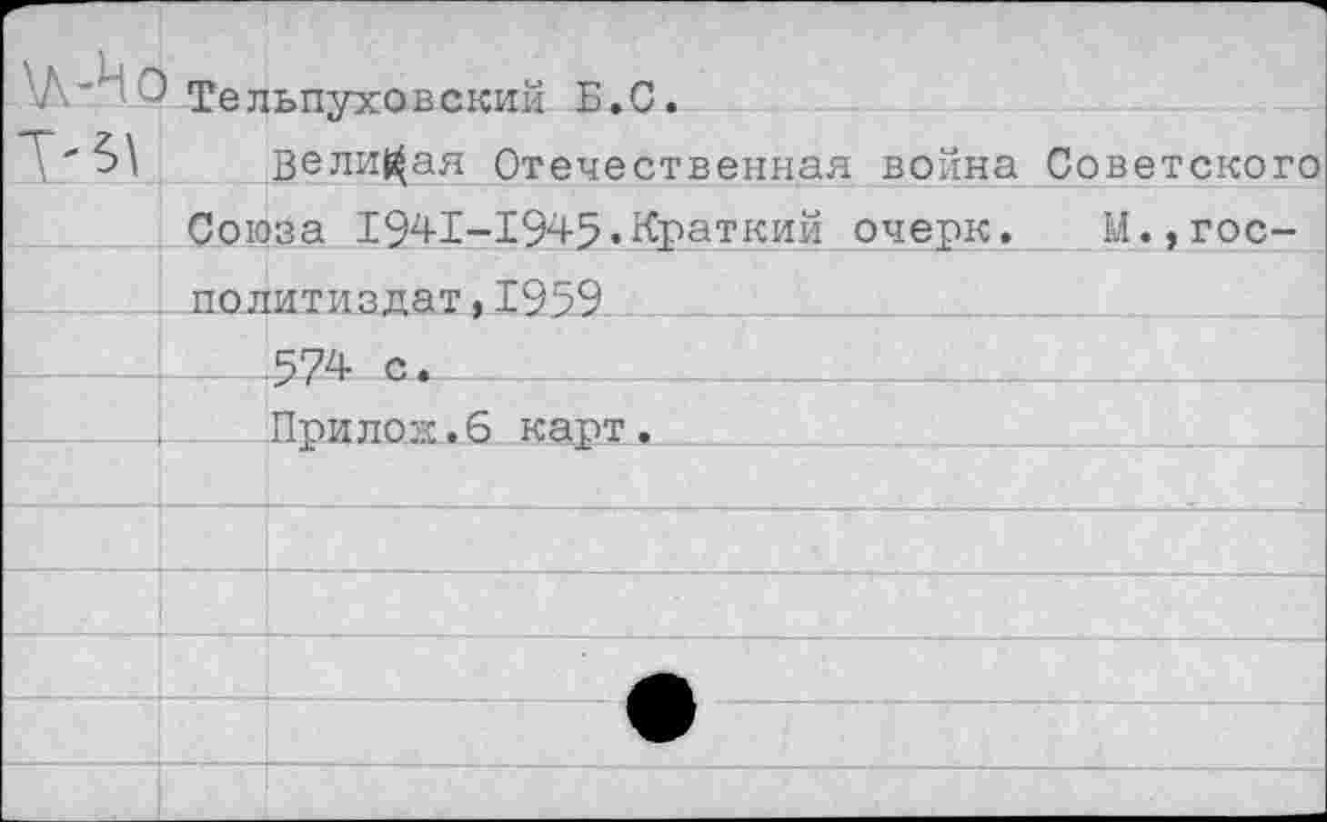 ﻿'Л' 'О Тельпуховский Б.С.
Т'5\ величая Отечественная война Советского Союза 1941-1945.Краткий очерк. М.,гос-
______[-Политиздат, 1959 ___________ 574 с.
При лов:. 6 карт.